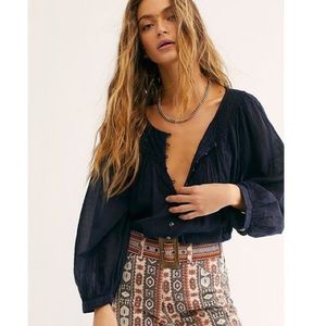Free People Cool Meadow Peasant Top in Navy